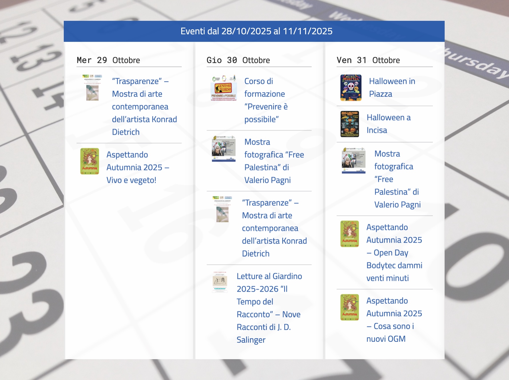 Eventi 27-31 ottobre